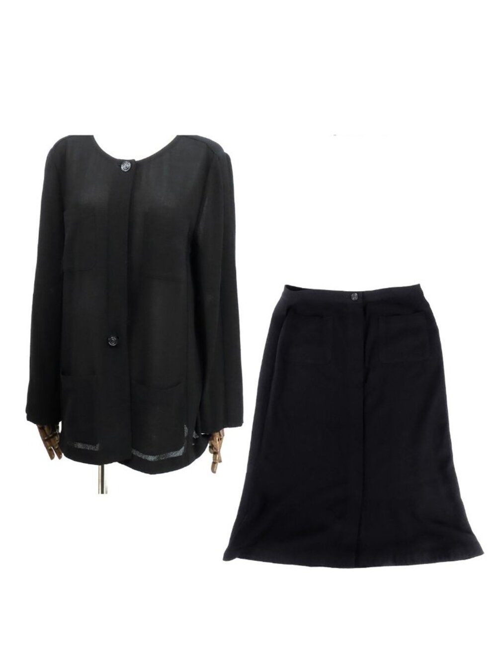 Chanel Collarless Jacket Button Down Skirt Black Wool Platen 99P Bottom 40